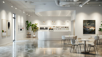 contemporary art museum exhibition space with caf&eacute; area,