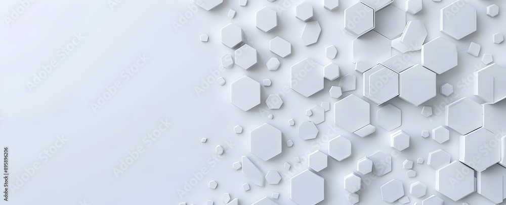 Poster White background with white hexagons on the left and right sides, creating an abstract geometric pattern. The background is empty for text or design elements