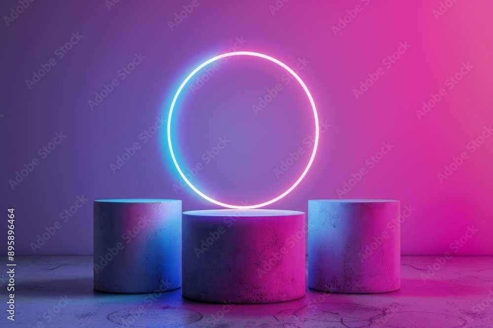 Poster in the background there are glowing lines. three empty cylinder podiums with a border.