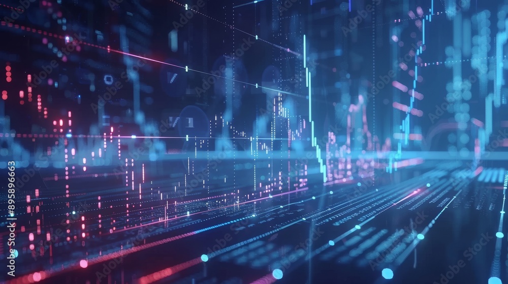Poster 3d animation showing stock market charts growing. financial figures and diagrams growing on a digita