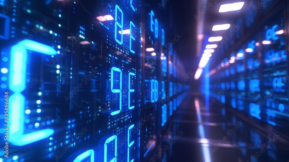 Poster Abstract Blue Numbers Moving in Abstract Server Room with DOF Blur. Looped 3D Animation of Datacenter. Business and Futuristic Technology Concept. 4k Ultra HD 3840x2160.