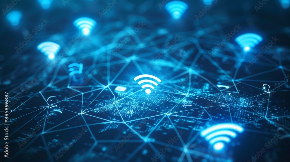 Aufkleber Seamless loop background with digital blue interface with WIFI icons and links growing. Data protection and cyberspace media environment concept.