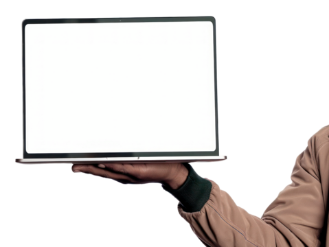PNG  Hand holding blank laptop screen - Powered by Adobe