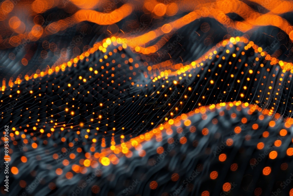 Aufkleber creating a futuristic pattern with wavy surfaces and orange dots. 3d rendering