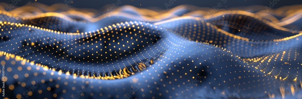 Poster an abstract wave with glowing dots on a dark background. 3d rendering
