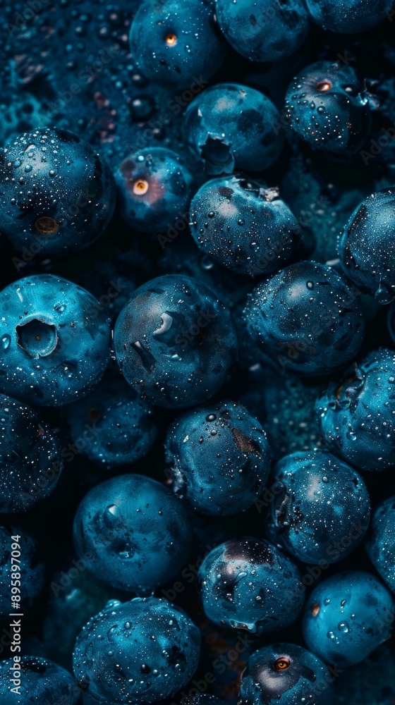 Poster macro shot of wet blueberries with rich textures. natural food background emphasizing freshness and 