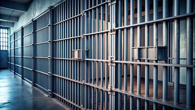 A close-up shot of prison bars with a somber atmosphere , incarceration, prison cell, confinement