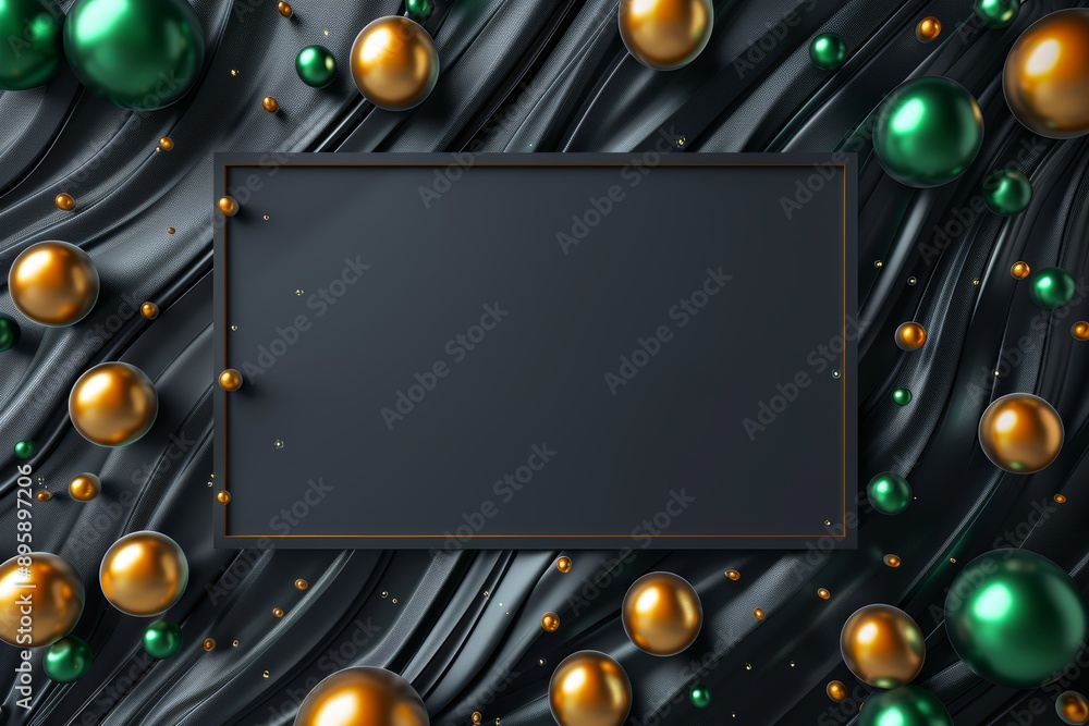 Poster green and gold spheres floating on dark background with frosted glass rectangle in the center. 3d re