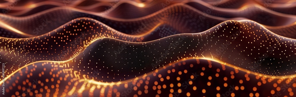 Poster the surface is wavy and has golden dots on a brown background. the rendering is in 3d.