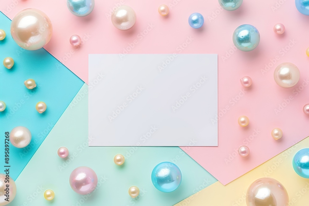 Poster the background is pastel with colorful balloons and a blank white rectangle. the 3d render is in col