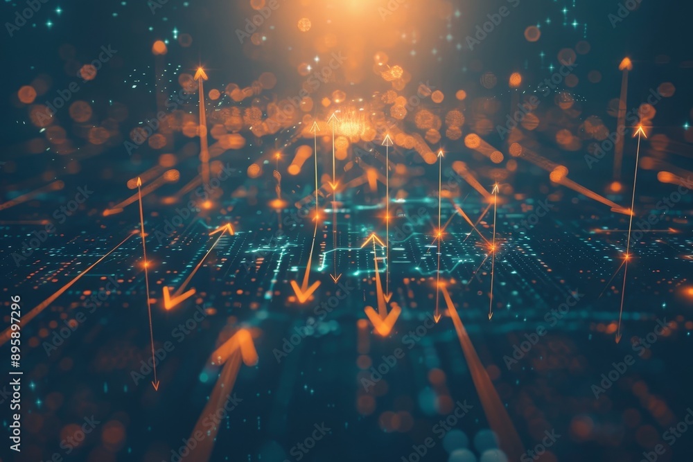 Poster an upward pointing neon arrow on a digital dotted background with glowing nodes. 3d rendering.