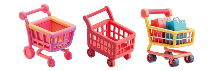 Set of simple 3D icon shopping cart, isolated on transparent white background