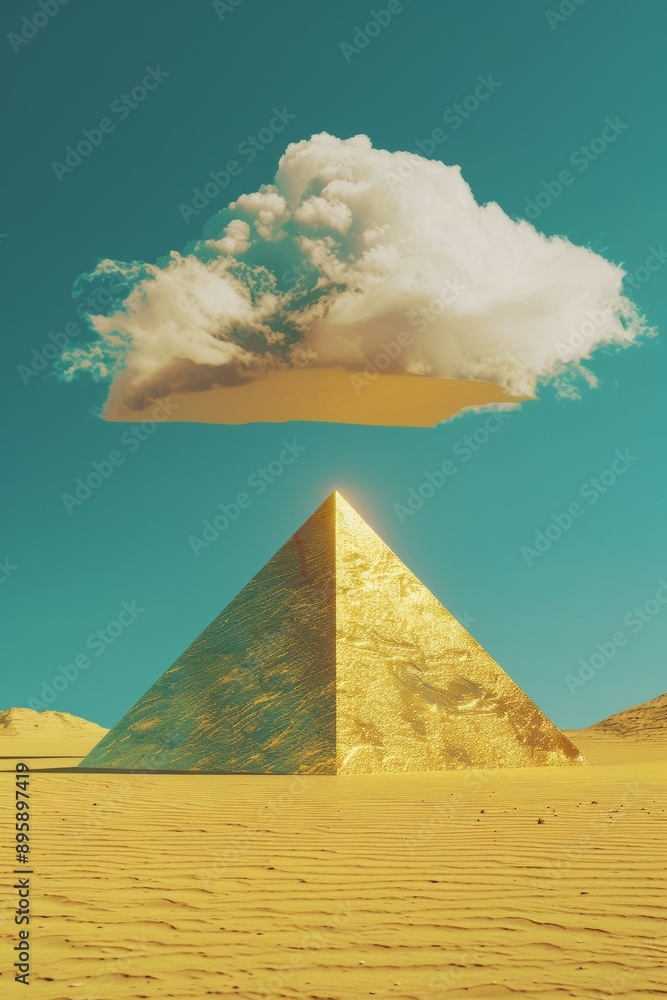 Poster throbbing clouds hover above a stepped pyramid in a desert landscape. 3d render.