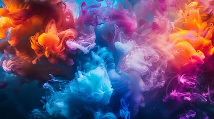 Fototapeta premium The image is an abstract representation of colorful smoke or ink swirling in water. predominant colors are blue, pink, and orange, with hints of purple and yellow. The overall effect is one of chaos 