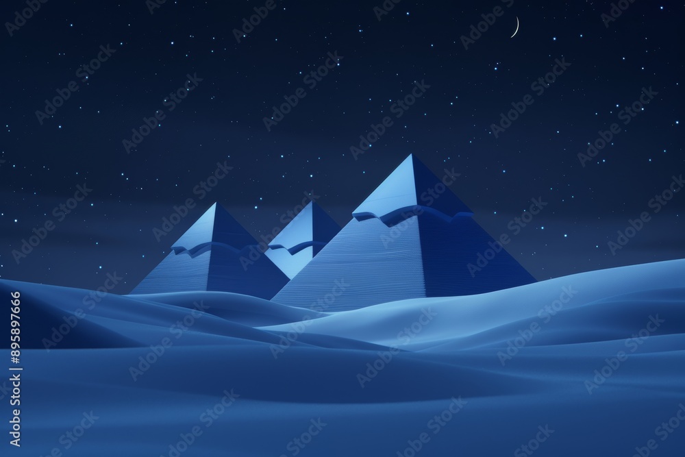 Aufkleber a 3d rendering of a full moon and three pyramids under a starry sky at night.
