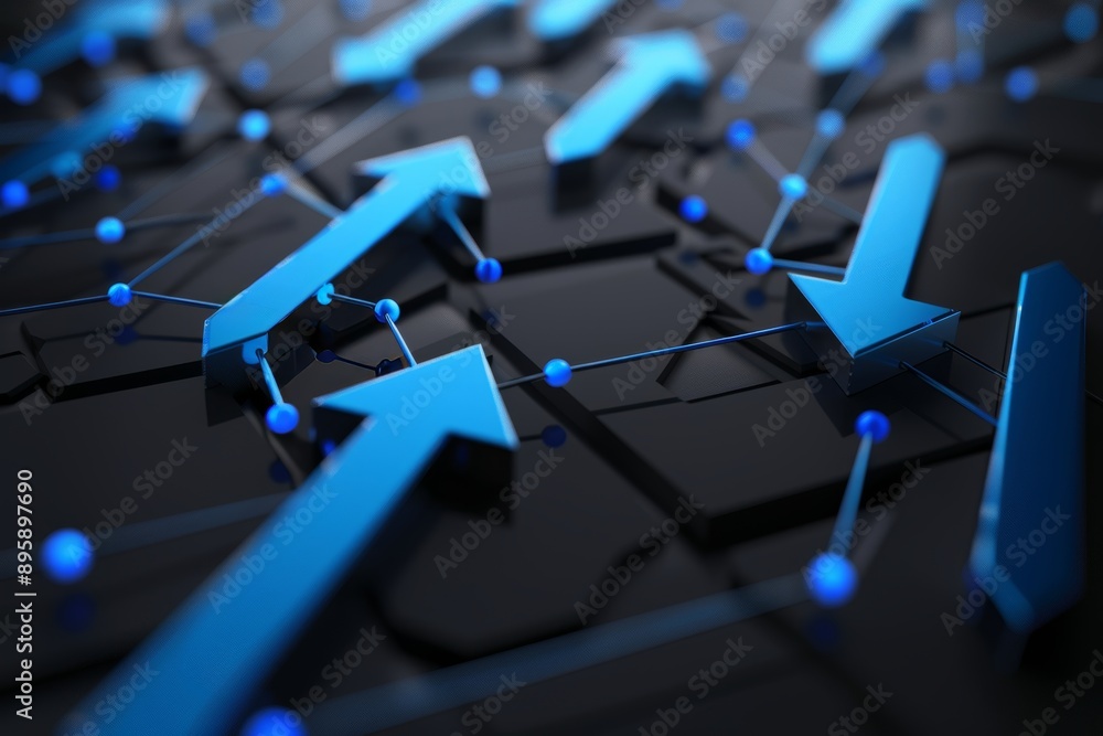Poster a benchmarking concept using multiple brown arrows pointing upwards on a digital network background.