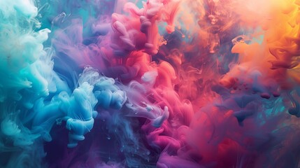 Fototapeta premium The image is an abstract representation of colorful smoke or ink swirling in water. The colors are vibrant and saturated, creating a sense of depth and movement. The predominant colors are blue, pink.