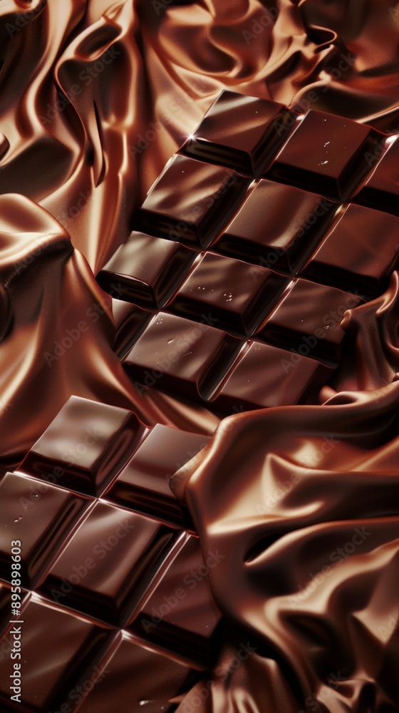 Poster close-up of dark chocolate bars with a triangular piece. rich food background highlighting dessert i