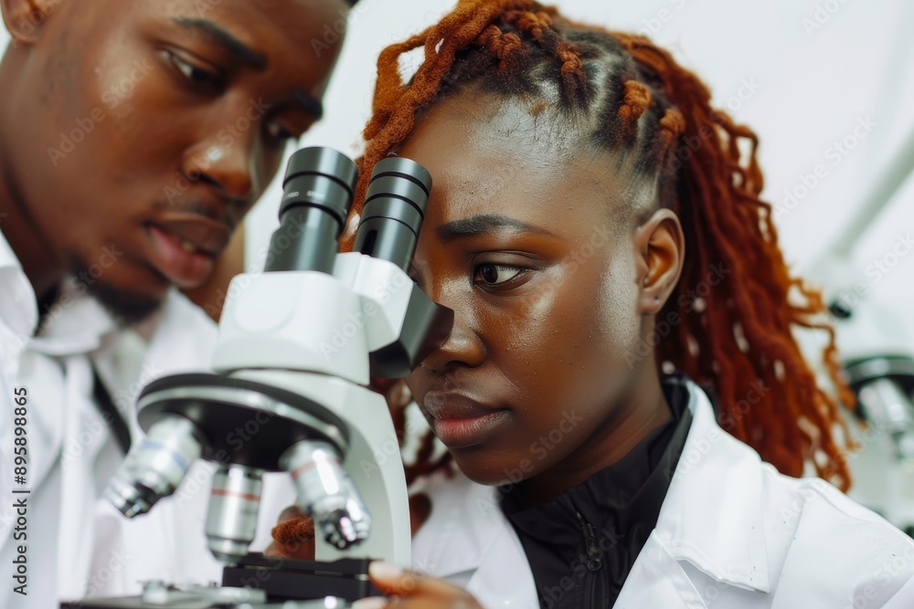 Poster woman scientist with microscope looking at test samples in the laboratory to analyze germs and bacte