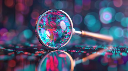 An abstract depiction of identity theft prevention, featuring a magnifying glass hovering over digital data to emphasize scrutiny and security.