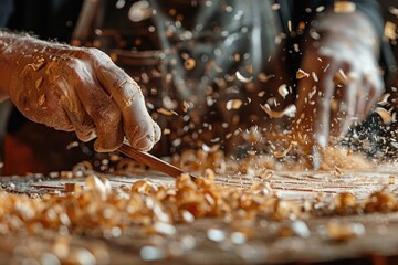 Fototapeta premium A man is working on a piece of wood with a saw, creating a lot of sawdust