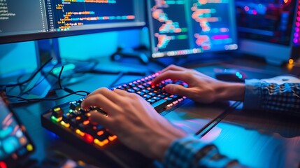 Close up view of a programmer’s hands using a mechanical keyboard with colorful RGB backlighting, showing lines of code on the monitor in a high tech office