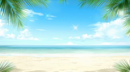 A tropical beach scene with palm trees casting shadows on the sand. The sun shines brightly overhead and the ocean waves lap at the shore