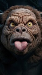 A close up of a large monkey with big eyes and long tongue, AI