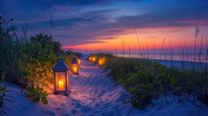 Sunset Beach Path Lit By Lanterns