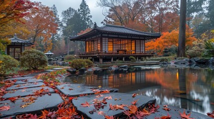 Serene Japanese Garden in Autumn Splendor background