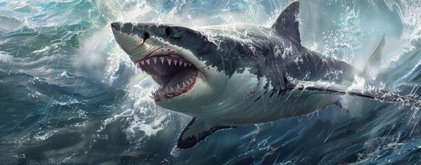 Naklejka premium Ocean's Apex: Great White Shark Breach