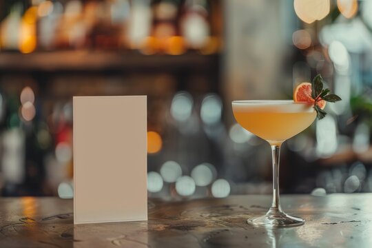 Mockup of a cocktail menu in a bar, on a bar counter with a cocktail