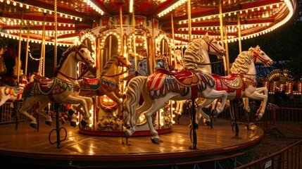 Fototapeta premium A carousel at a night circus, with beautifully decorated horses and glowing lights