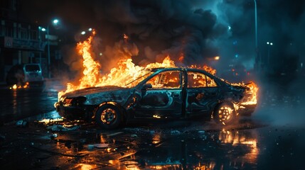 A car engulfed in flames sits in the middle of a city street at night