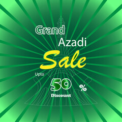 Grand Azadi sale 50 % discount, 14 August, independence day celebrations, sunburst effect, vector file, gradient background