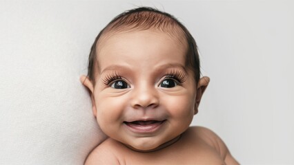 A baby with big eyes smiling while laying on its back, AI