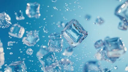 Ice Cubes Falling in Blue Water