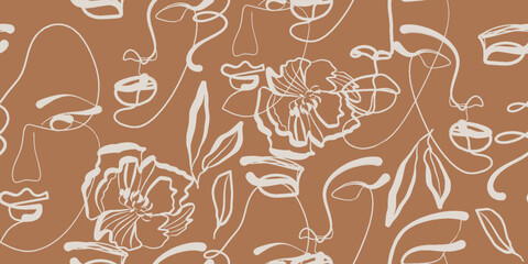 Seamless pattern line drawing of women with different faces and floral elements, flowers.
