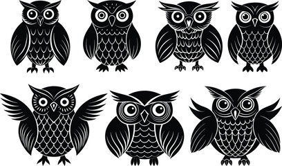 Flat owl silhouette vector art set with white  background