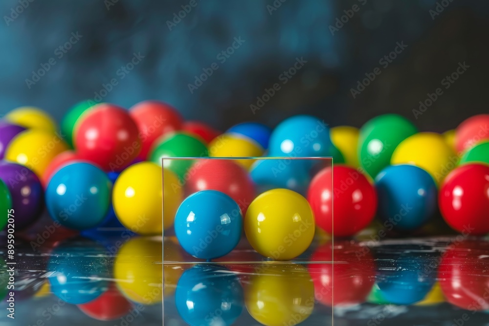 Poster glassmorphism 3d rendering of colorful balloons floating over a dark background.
