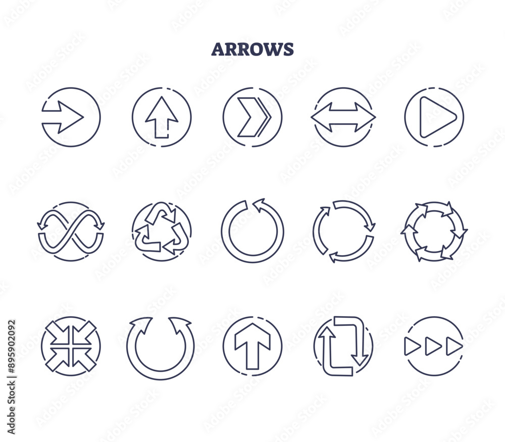 Poster arrows for direction pointing and recycle symbol outline icons collection set. various different cir
