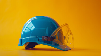 yellow safety helmet. Personal safety workwear and construction blueprint shot directly above. yellow safety helmet and rolled up architectural blueprints on a wooden desk, indicative of an architect
