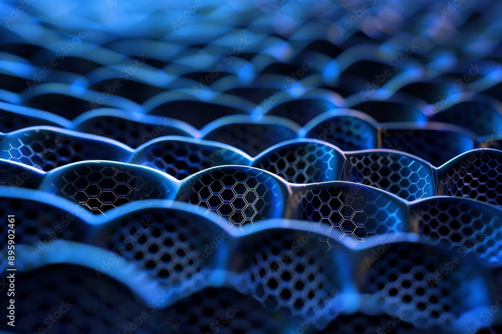 Poster an abstract close-up of an abstract hexagonal mesh with a blurred purple and red background.