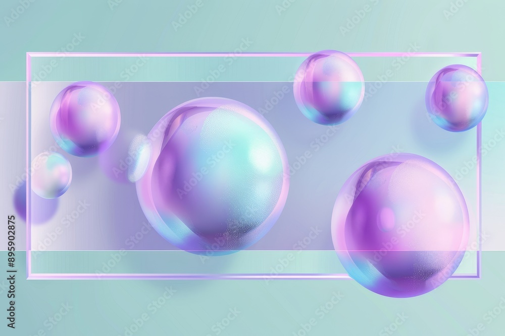 Poster 3d rendering of an abstract colorful background with blurred glass shapes and purple bubbles.