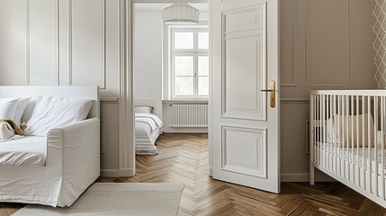 Fototapeta premium A white crib with a pink bunny toy sits on a wooden floor, next to a bed with a duvet cover