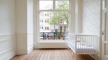 A white crib with a pink bunny toy sits on a wooden floor, next to a bed with a duvet cover