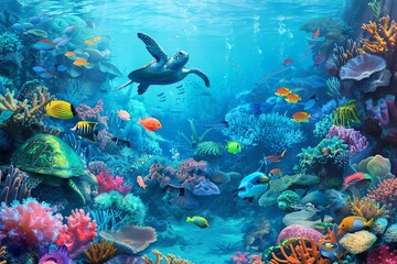Vibrant underwater scene with sea turtles, colorful fish, and coral reefs in clear blue waters.