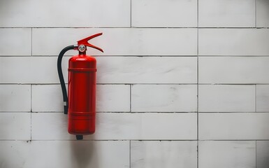 Obraz premium Indoor Red Fire Extinguisher on Wall Essential Home Fire Safety Equipment