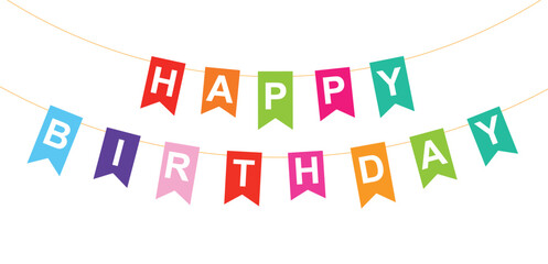 Happy Birthday, Garland with bow, colorful pennants with white letters, banner with inscription, greeting card, vector illustration isolated on white background