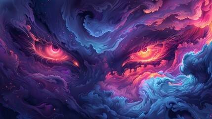 Obraz premium Eerie Fusion of Dark Fantasy and Horror: Vibrant Contrasting Colors with Dynamic Creative Shapes